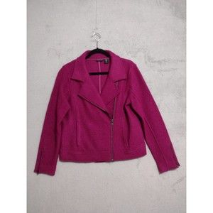 Tahari Zip Cuffs Asymmetrical Full Zip Wool Blend Moto Jacket Fuchsia Pink Sz M
